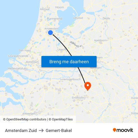 Amsterdam Zuid to Gemert-Bakel map