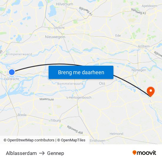 Alblasserdam to Gennep map