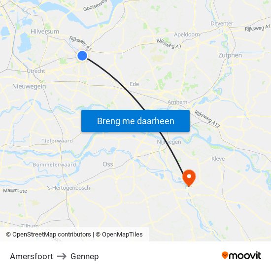 Amersfoort to Gennep map