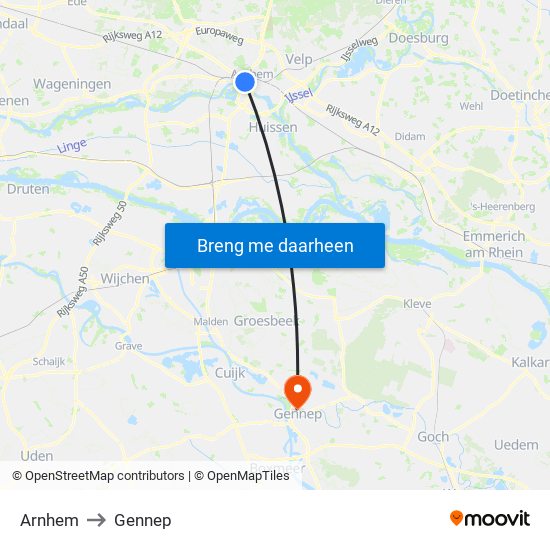 Arnhem to Gennep map