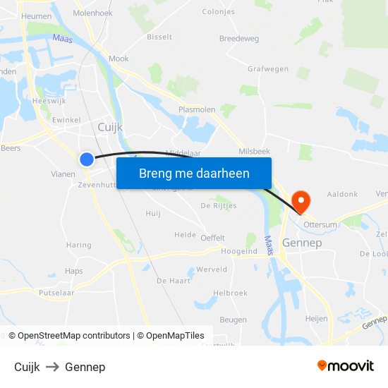 Cuijk to Gennep map