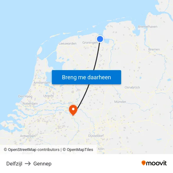 Delfzijl to Gennep map