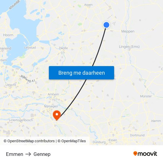 Emmen to Gennep map