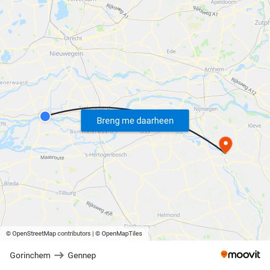 Gorinchem to Gennep map