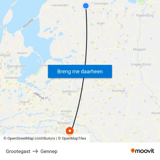 Grootegast to Gennep map