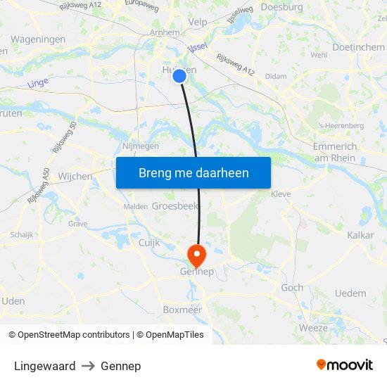 Lingewaard to Gennep map