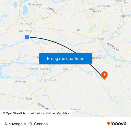 Nieuwegein to Gennep map