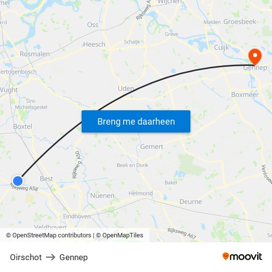 Oirschot to Gennep map