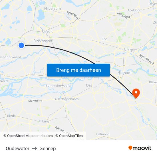 Oudewater to Gennep map