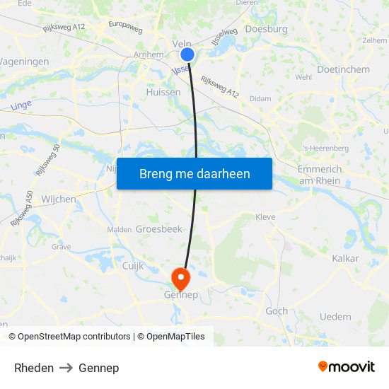 Rheden to Gennep map