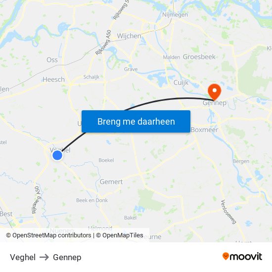 Veghel to Gennep map