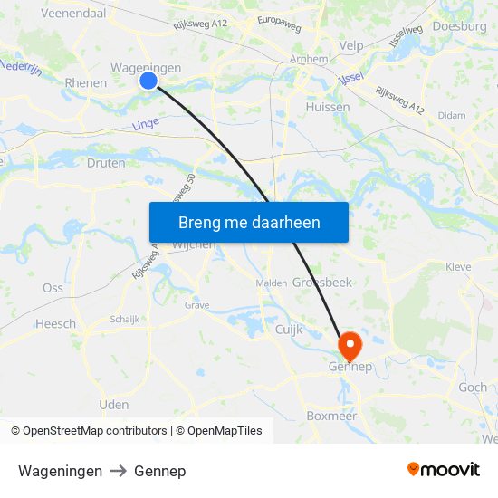 Wageningen to Gennep map