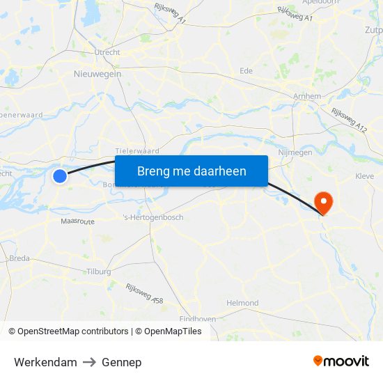 Werkendam to Gennep map