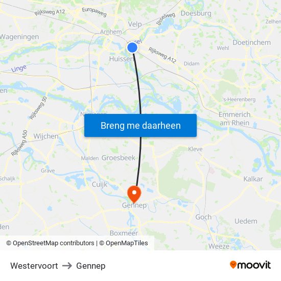 Westervoort to Gennep map