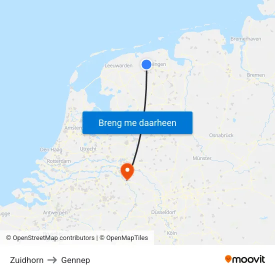 Zuidhorn to Gennep map
