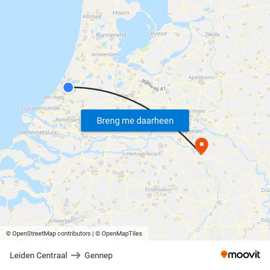 Leiden Centraal to Gennep map