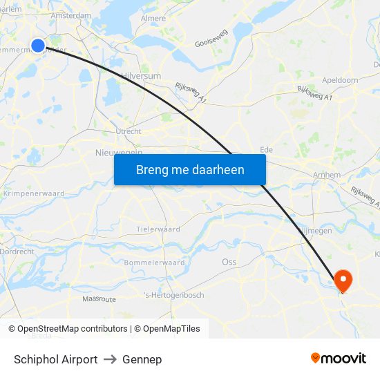 Schiphol Airport to Gennep map