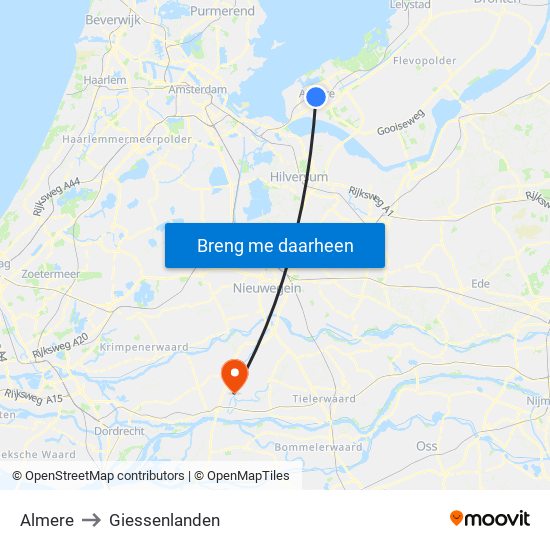 Almere to Giessenlanden map