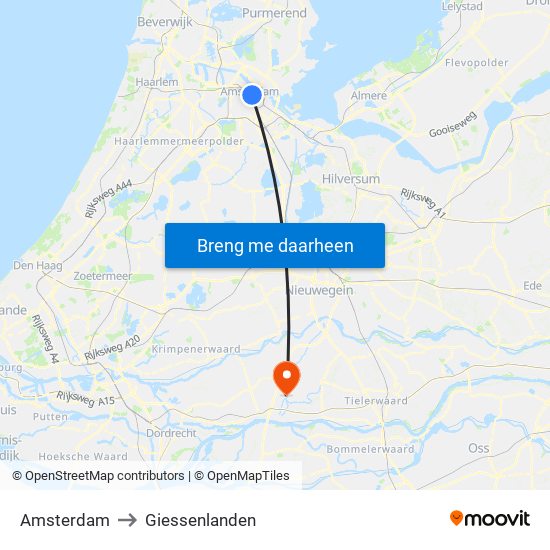 Amsterdam to Giessenlanden map