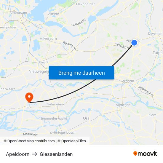 Apeldoorn to Giessenlanden map