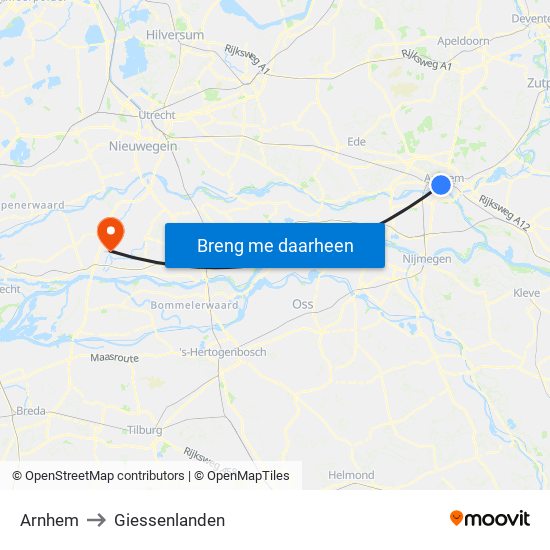 Arnhem to Giessenlanden map