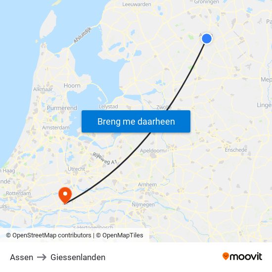 Assen to Giessenlanden map