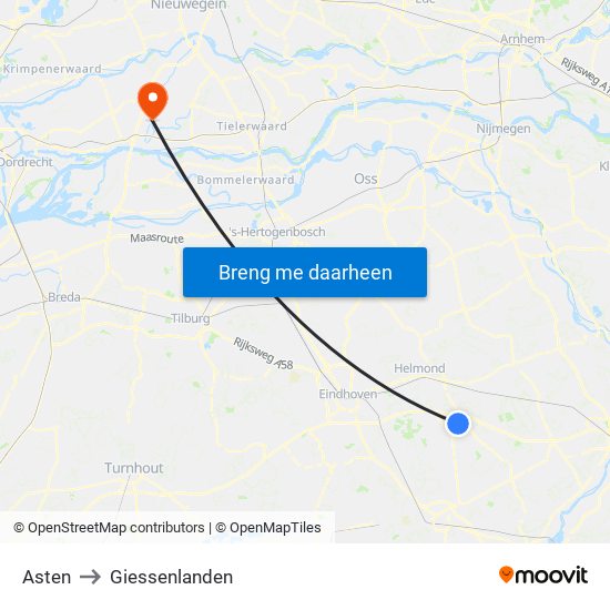 Asten to Giessenlanden map