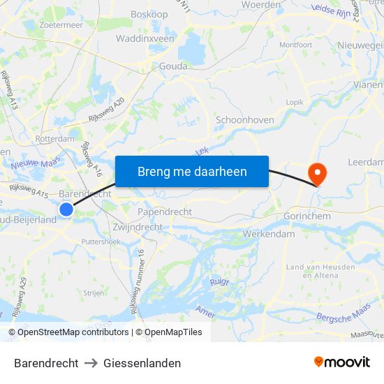Barendrecht to Giessenlanden map