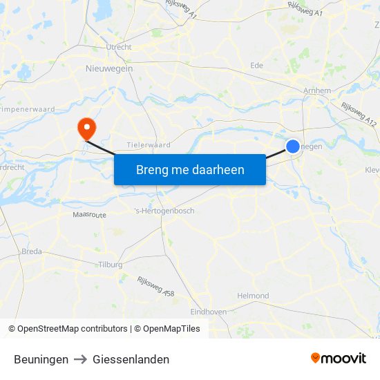 Beuningen to Giessenlanden map