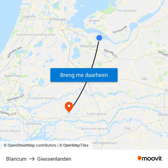 Blaricum to Giessenlanden map