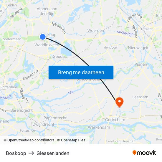 Boskoop to Giessenlanden map
