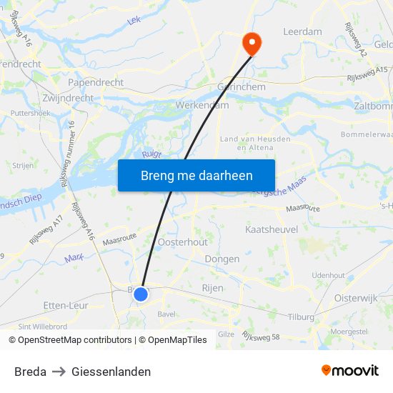Breda to Giessenlanden map