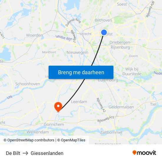 De Bilt to Giessenlanden map