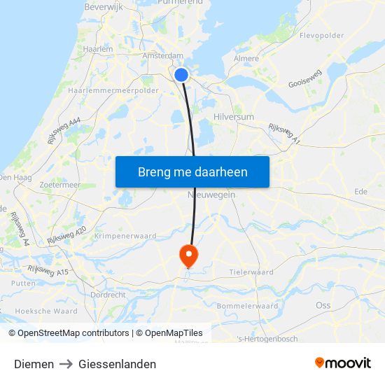 Diemen to Giessenlanden map