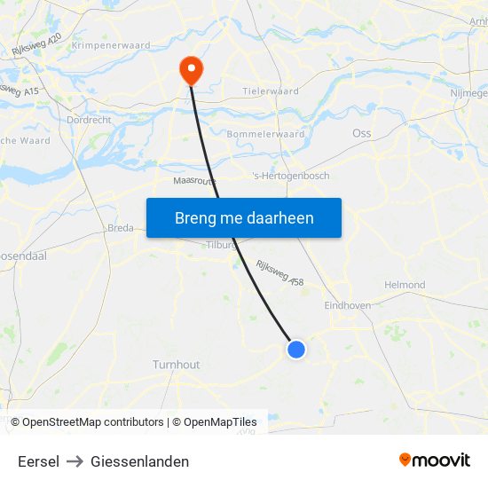 Eersel to Giessenlanden map