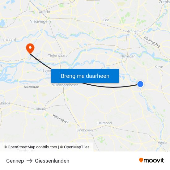 Gennep to Giessenlanden map