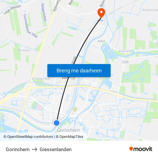 Gorinchem to Giessenlanden map