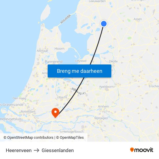 Heerenveen to Giessenlanden map