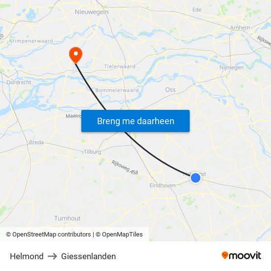 Helmond to Giessenlanden map