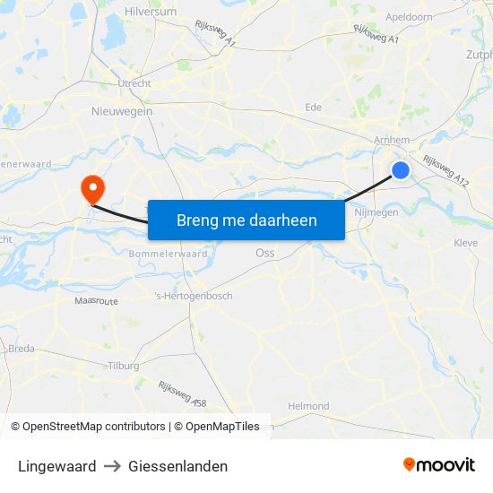 Lingewaard to Giessenlanden map