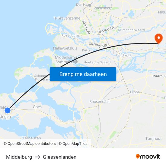 Middelburg to Giessenlanden map
