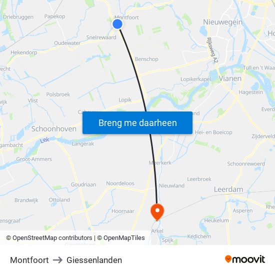 Montfoort to Giessenlanden map