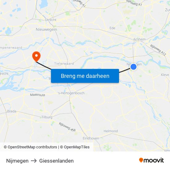 Nijmegen to Giessenlanden map
