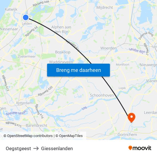 Oegstgeest to Giessenlanden map