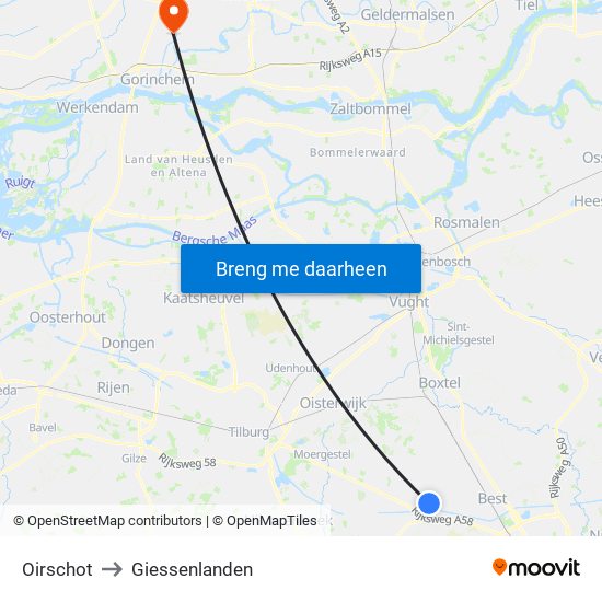 Oirschot to Giessenlanden map