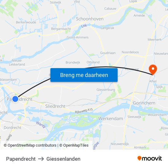 Papendrecht to Giessenlanden map