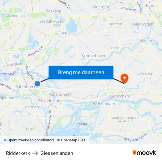 Ridderkerk to Giessenlanden map