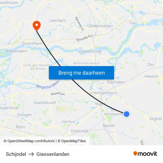 Schijndel to Giessenlanden map