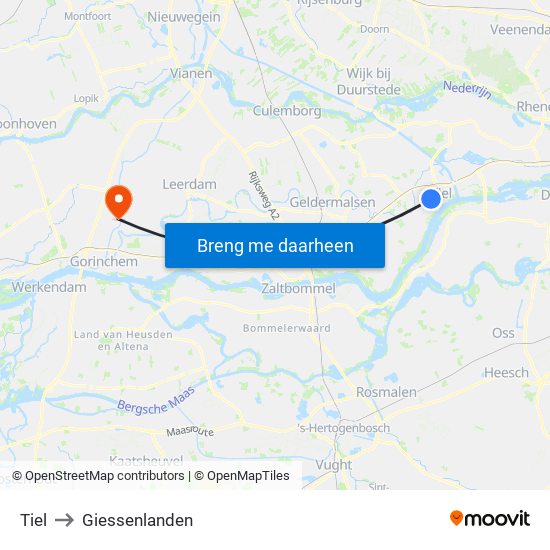 Tiel to Giessenlanden map