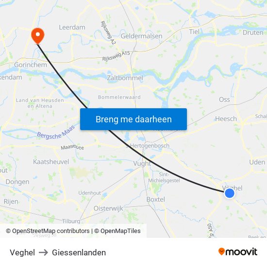 Veghel to Giessenlanden map